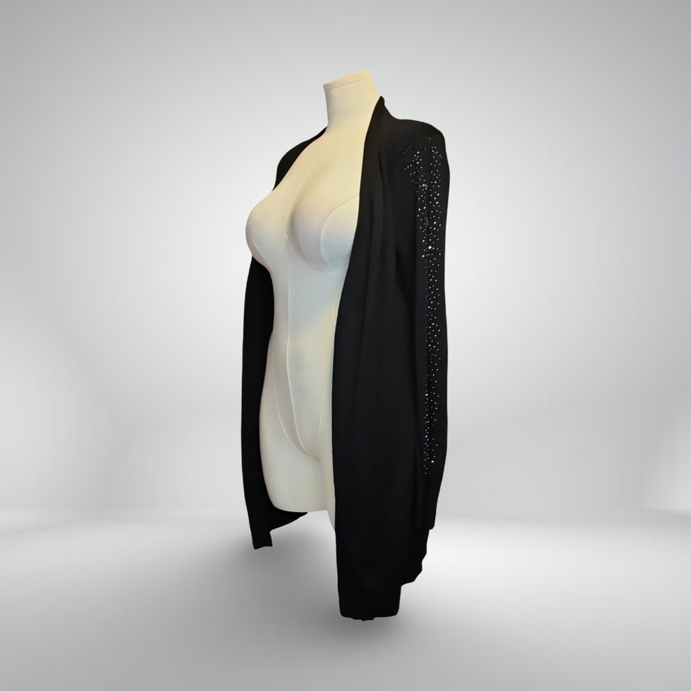 B My Story Black Knit Cardigan Sweater Rhinestone Accents Open Front Shawl Goth❥